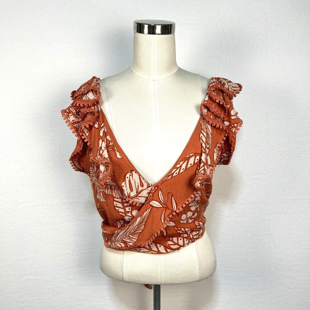 Forever 21 Coral Floral Wrap Crop Top Women's L Ruffled Cap Sleeves Pom Pom Trim